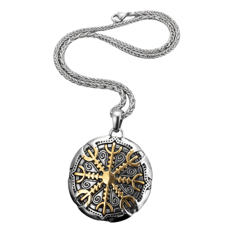 Collier viking pendentif rond vegvisir boussole nordique avec runes futhark en acier dore.