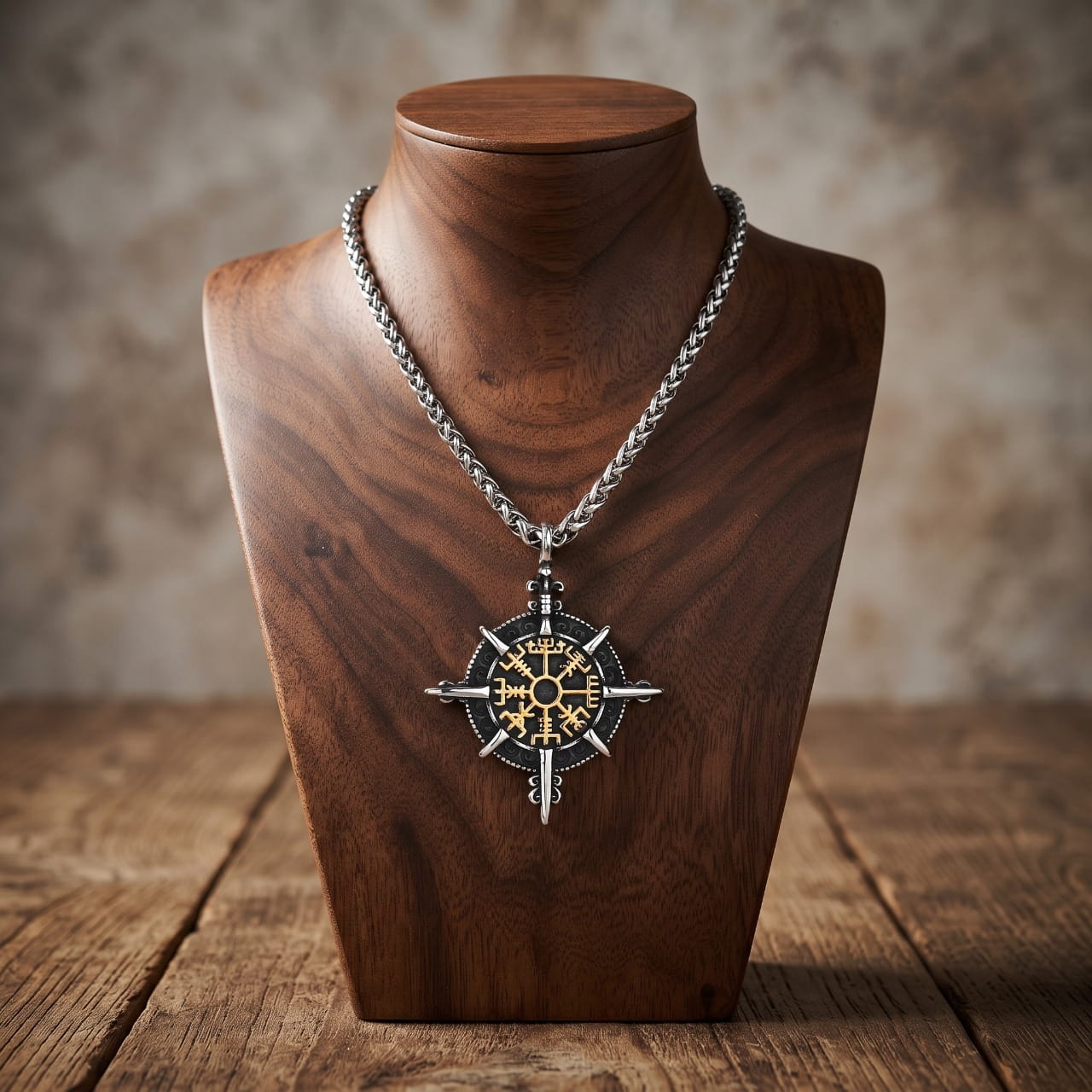 Collier pendentif viking, Vegvísir doré au centre d'une rose des vents encadrée d'épées croisées, sur buste en bois