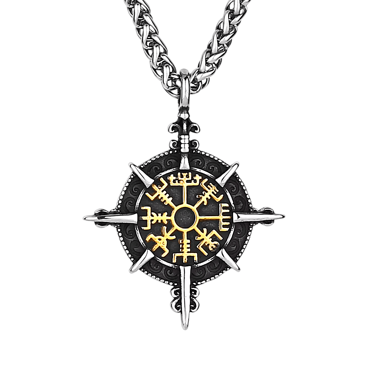 Pendentif Vegvísir doré en acier, rose des vents et épées croisées, vu de face et de dos, sur fond blanc