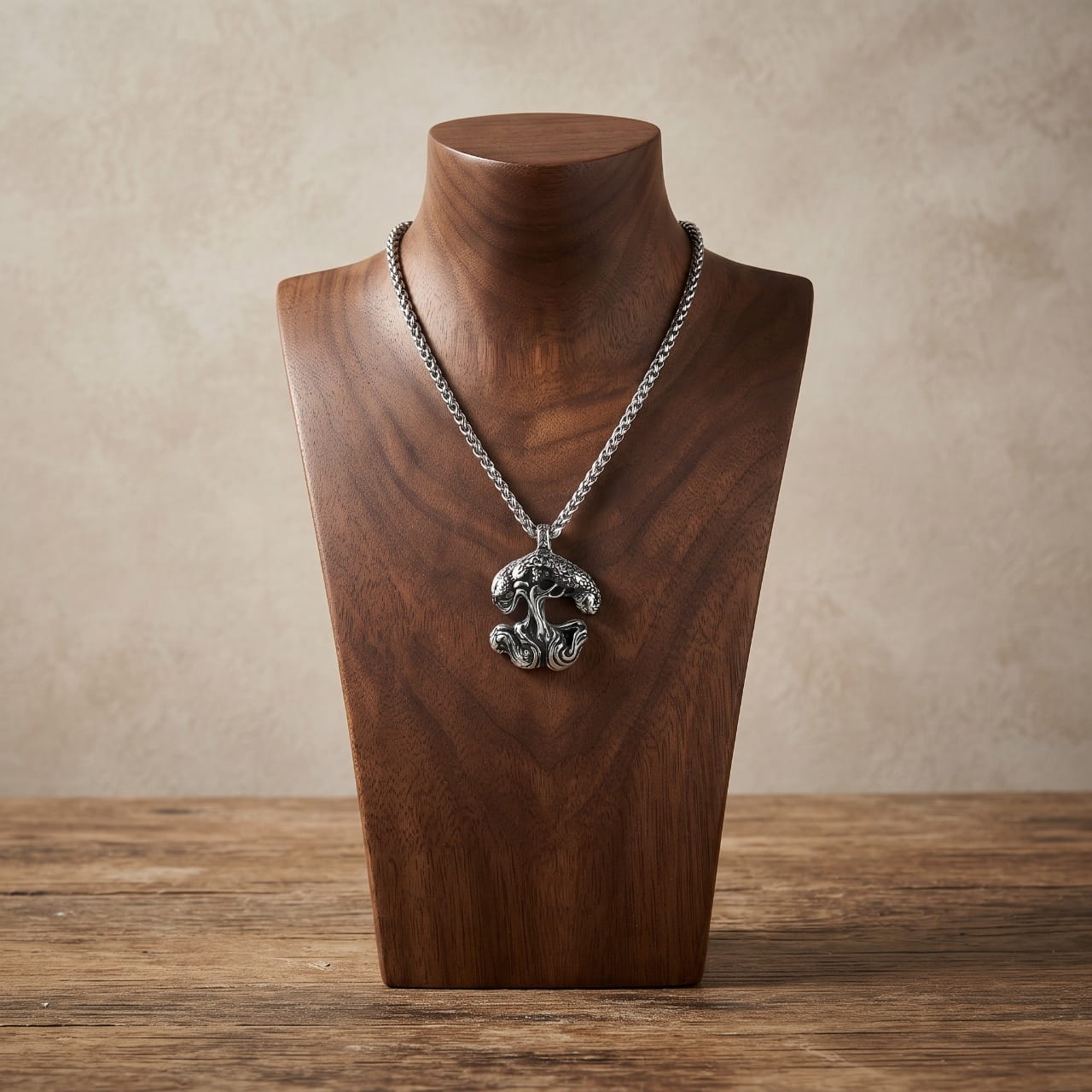 Collier pendentif Yggdrasil en acier, feuillage dense et racines sculptées en volutes, sur buste en bois