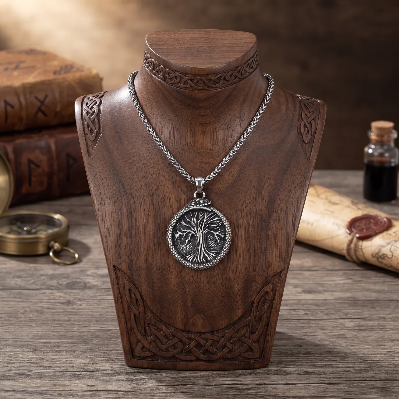 Collier médaillon en acier à l'arbre Yggdrasil enfermé dans un serpent qui se mord la queue, sur buste en bois