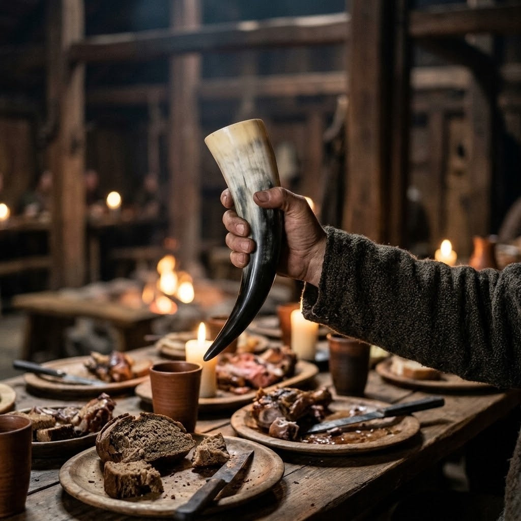 Corne à boire viking en corne de yak naturelle, de l'ivoire au noir, tenue à la main au-dessus d'une table de banquet dans une maison longue