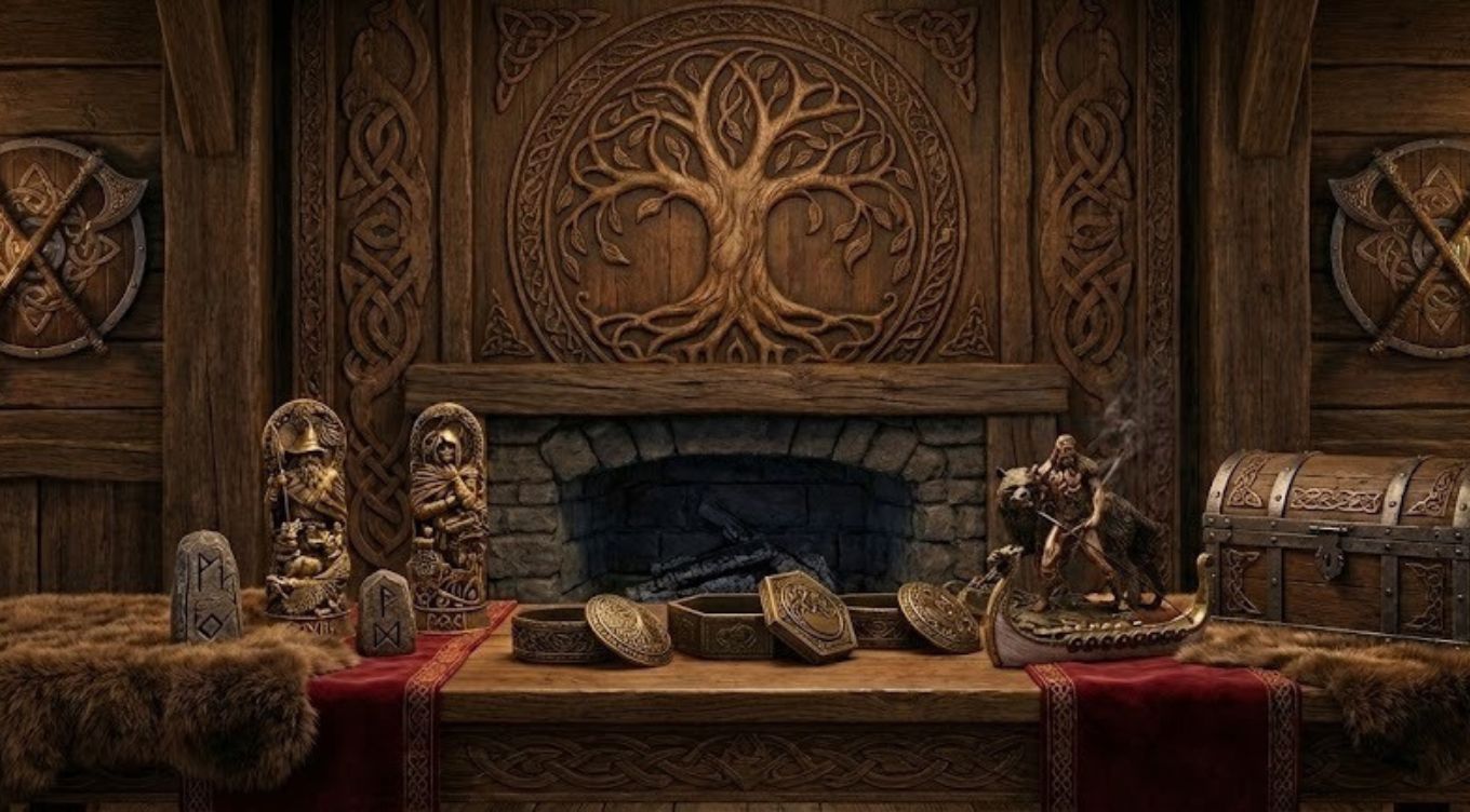Ambiance de décoration viking avec sculpture murale Yggdrasil en bois, statues d'Odin et de guerriers, coffre aux trésors scandinave et runes sur une table de banquet avec fourrures.