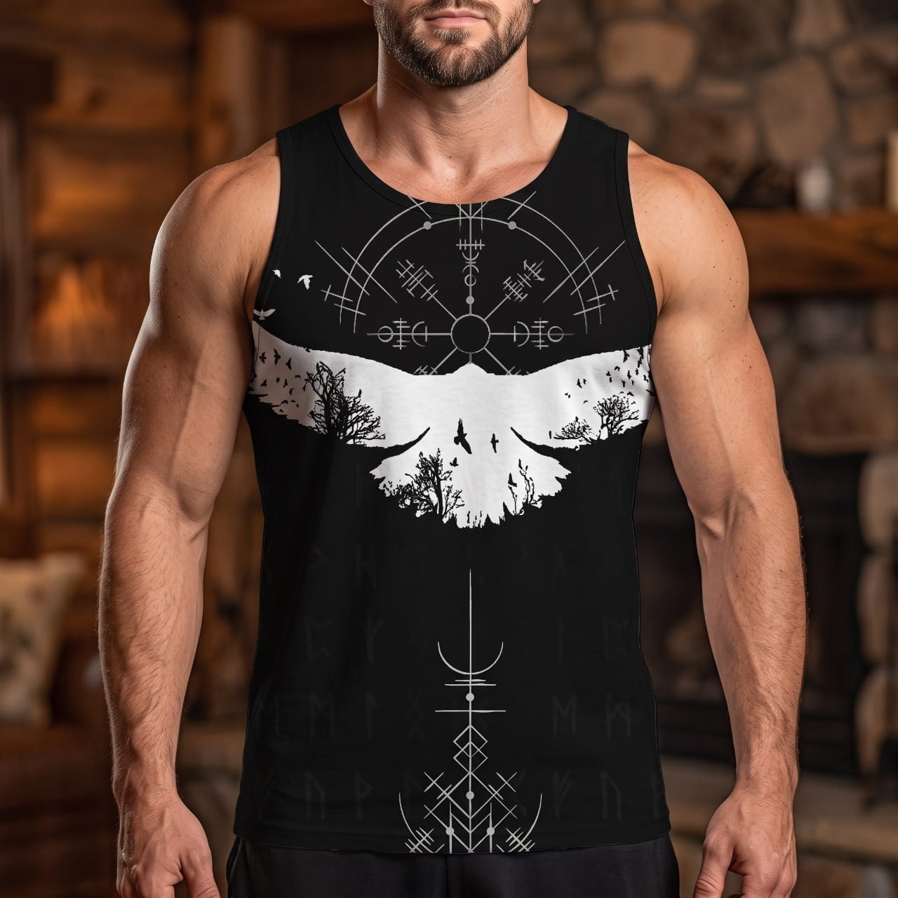 Homme portant le Débardeur Viking Corbeau en Vol et Vegvísir Noir