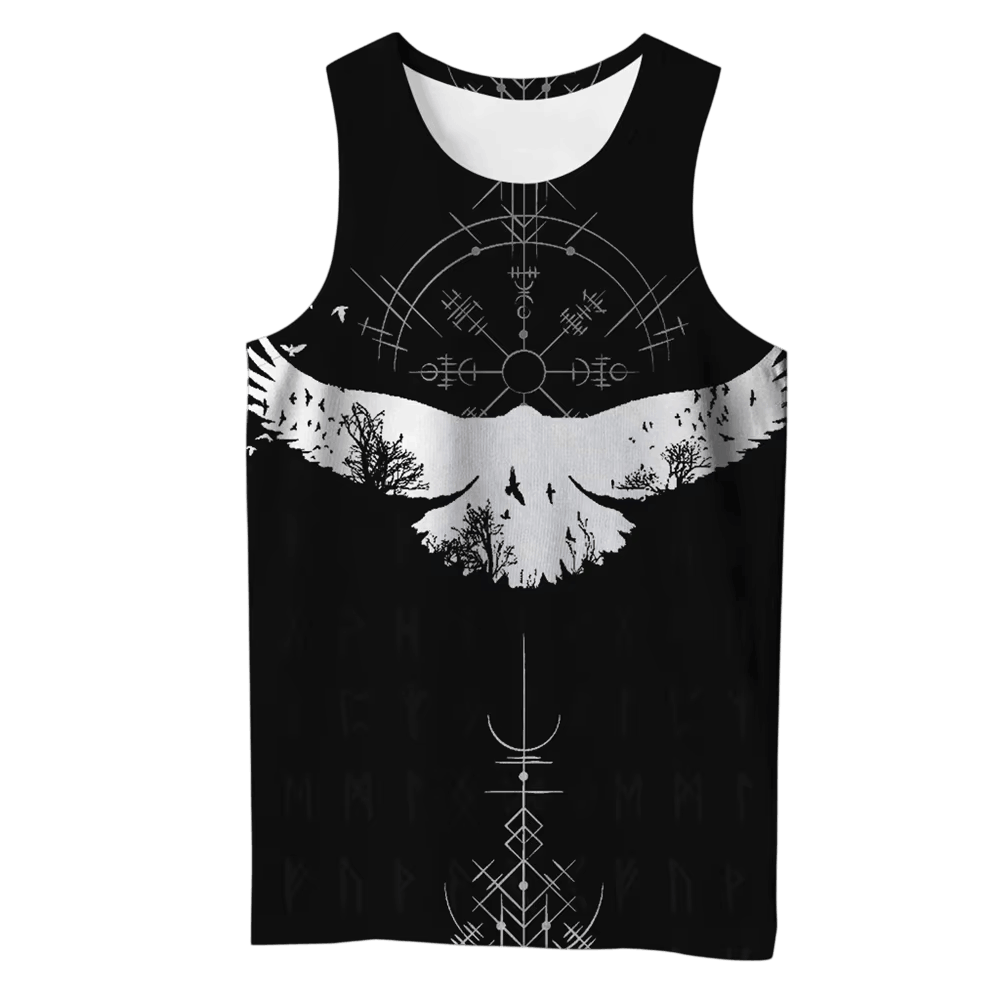Débardeur Viking Corbeau en Vol et Vegvísir Noir, vu de face et de dos