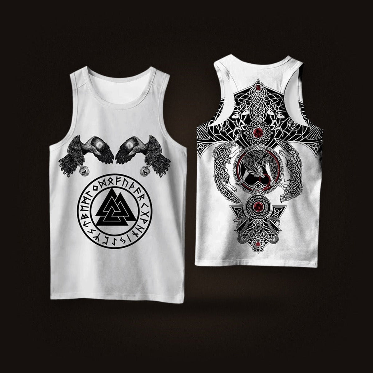 Débardeur Viking Deux Corbeaux et Valknut Blanc, vu de face et de dos