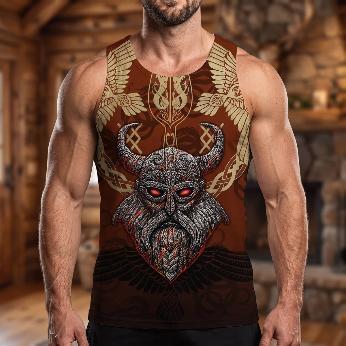 Homme portant le Débardeur Viking Guerrier Cornu Rouge et Or
