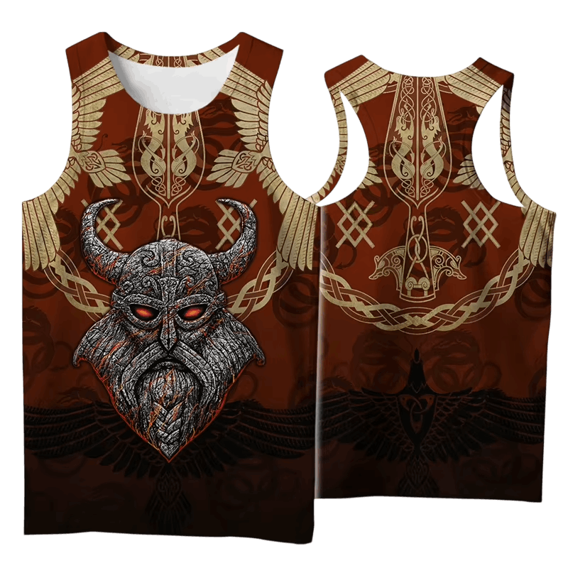 Débardeur Viking Guerrier Cornu Rouge et Or, vu de face et de dos