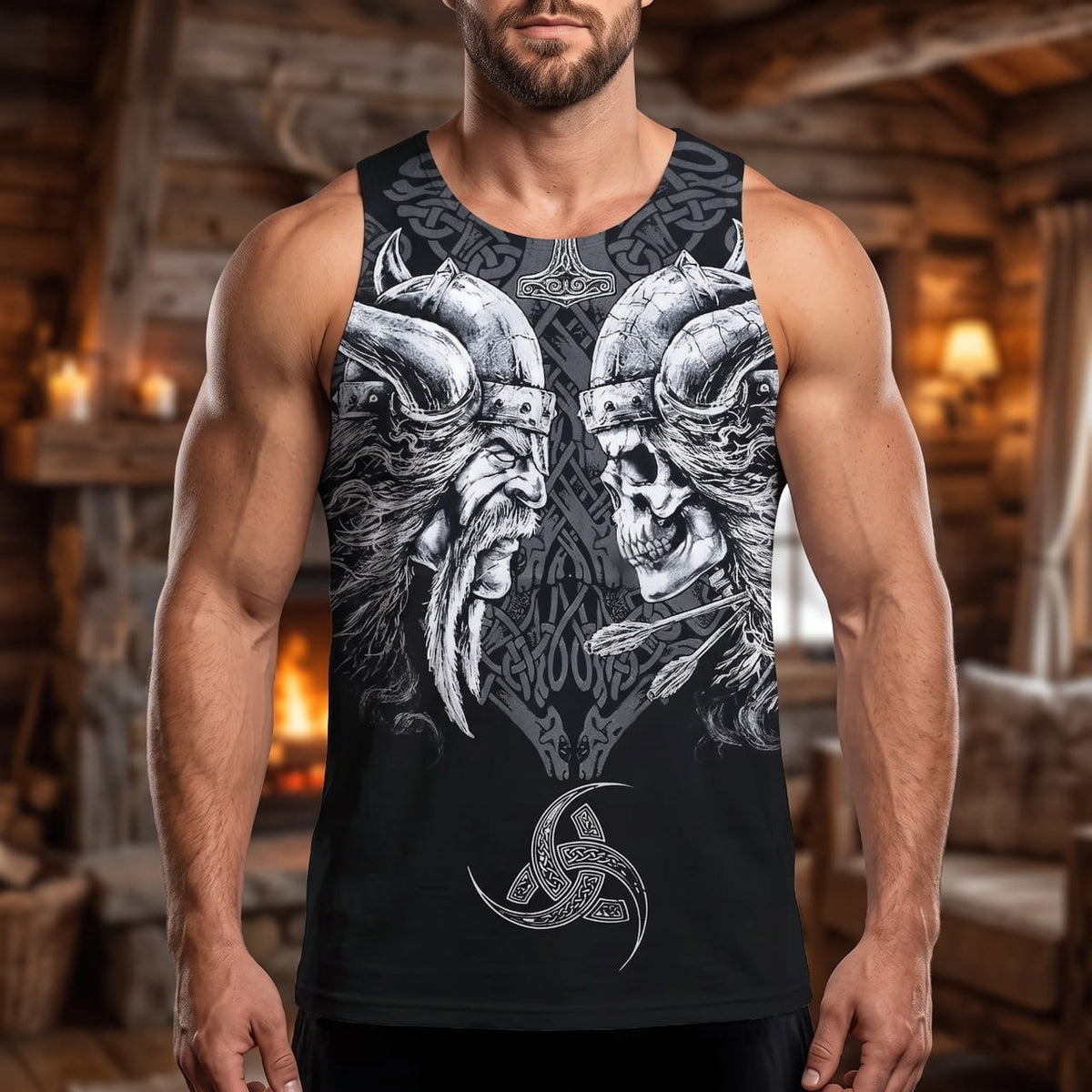 Homme portant le Débardeur Viking Guerriers Affrontés et Mjölnir