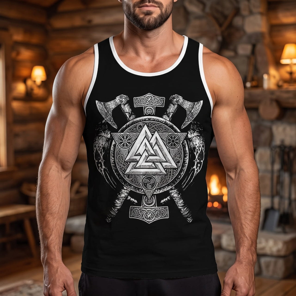 Homme portant le Débardeur Viking Valknut, Haches et Mjölnir