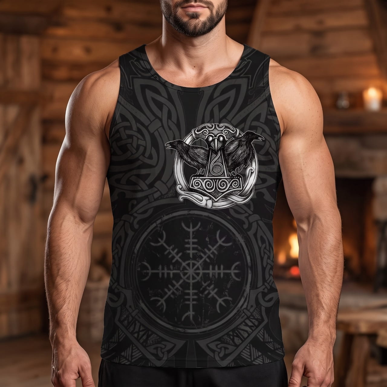 Homme portant le Débardeur Viking Vegvísir et Corbeaux Gris