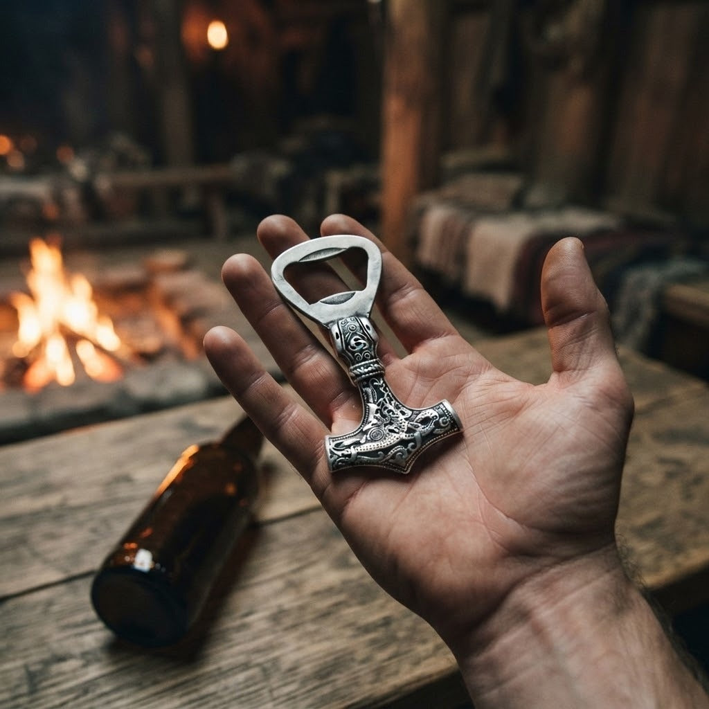Décapsuleur viking en forme de marteau de Thor Mjölnir gravé d'entrelacs, posé dans la paume d'une main près du feu