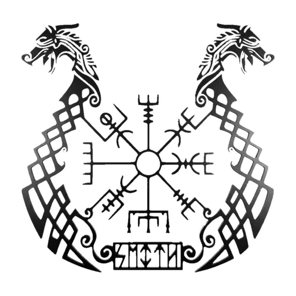 Décoration murale viking en métal noir découpé : Vegvísir entre deux têtes de dragon sur corps d’entrelacs, cartouche de runes, 30 × 30 cm