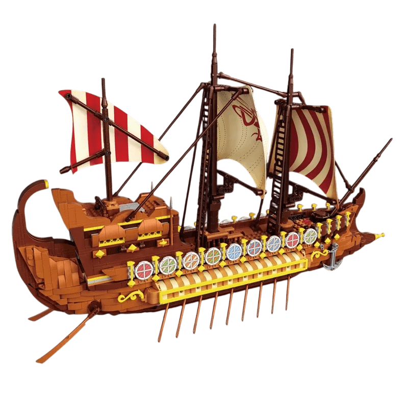 Zoom sur les boucliers et la structure d'un bateau pirate viking en briques, décoration viking de précision.