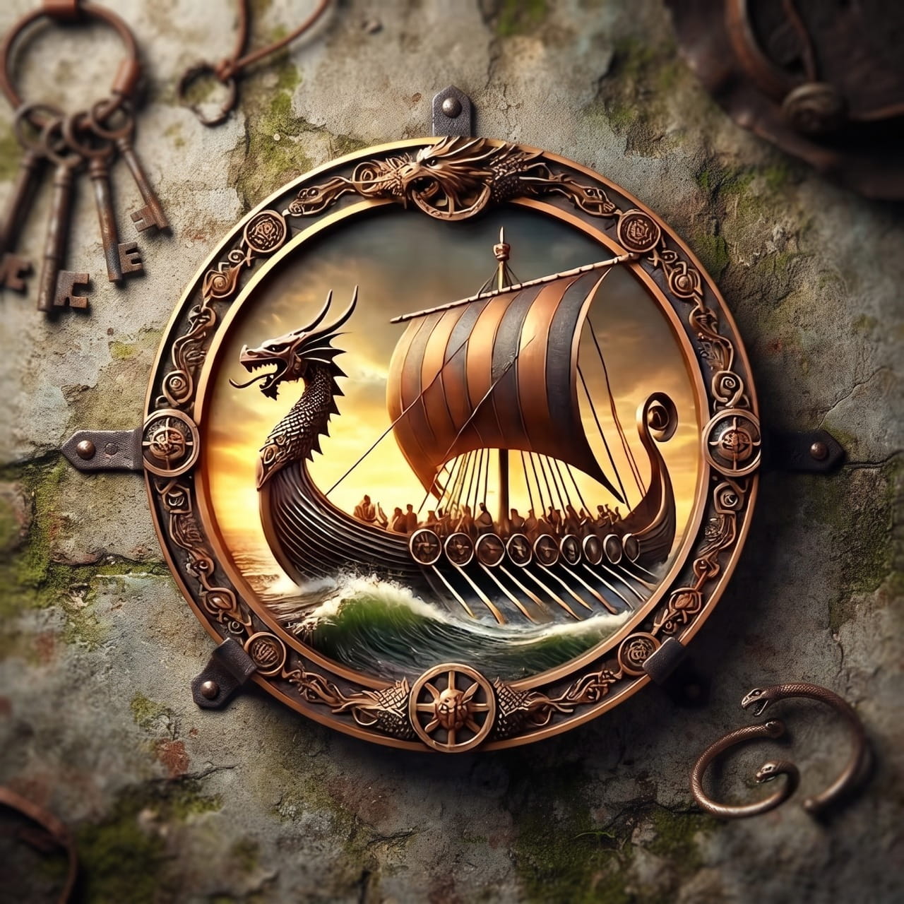 Disque Mural Viking Drakkar au Couchant — Impression 2D sur Bois 20 cm