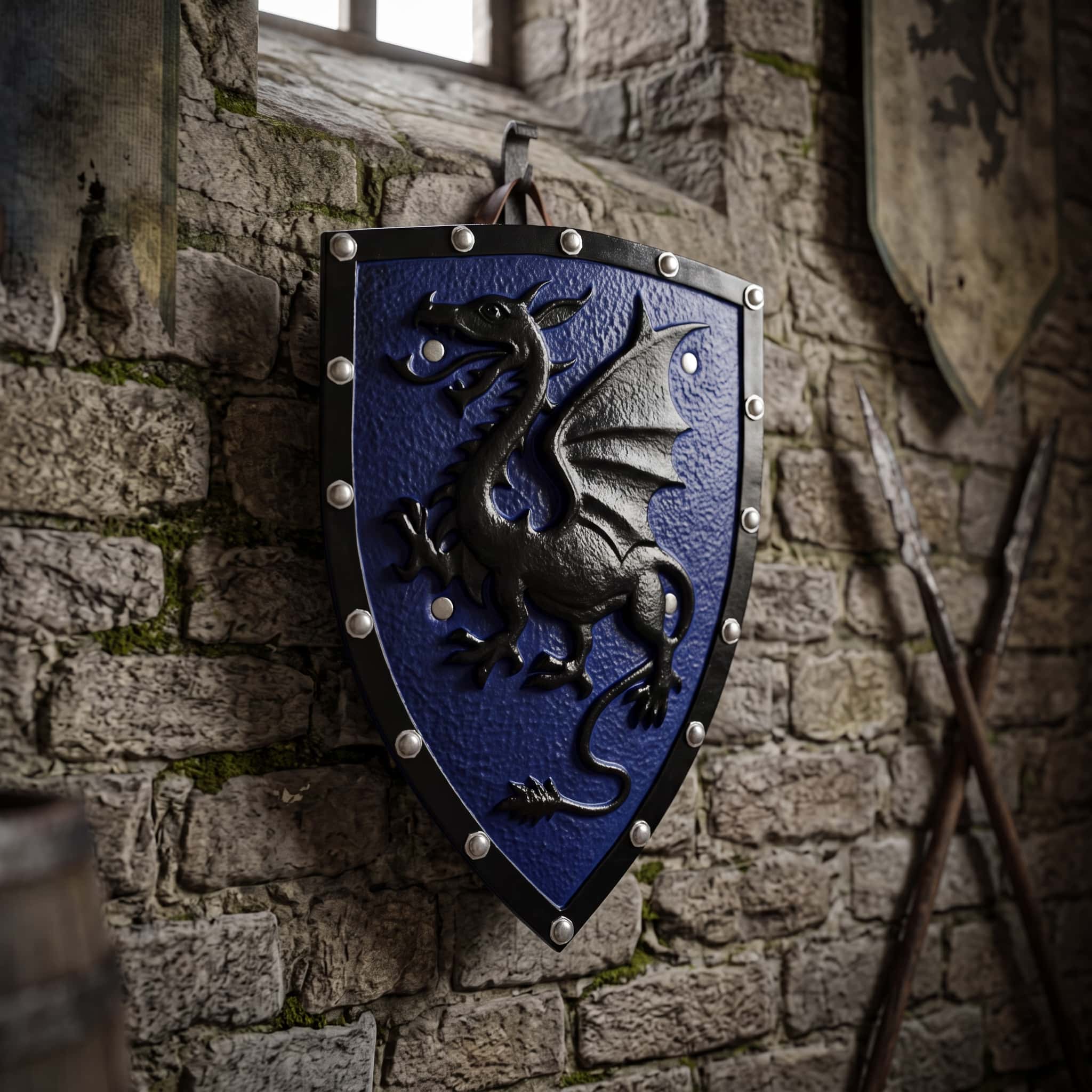 Écu Médiéval au Dragon : Blason Bleu et Noir, 49 cm, accroché au mur d'une salle de pierre