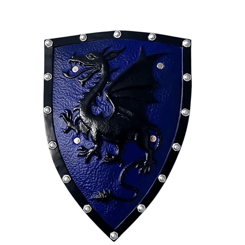 Écu Médiéval au Dragon : Blason Bleu et Noir, 49 cm, vue de face sur fond blanc