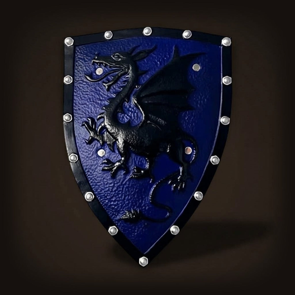 Écu Médiéval au Dragon : Blason Bleu et Noir, 49 cm, vue de face