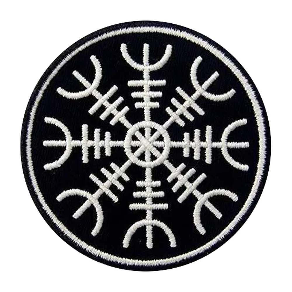 Écusson viking brodé, Ægishjálmur blanc sur fond noir, 8 cm