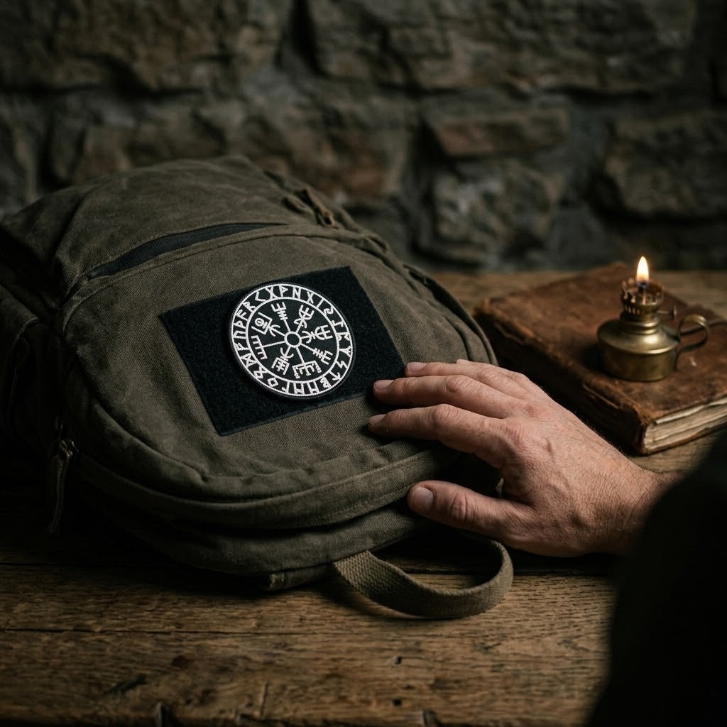 Écusson viking brodé Vegvísir fixé sur le panneau à scratch d’un sac à dos, posé sur une table de bois près d’une lampe à huile