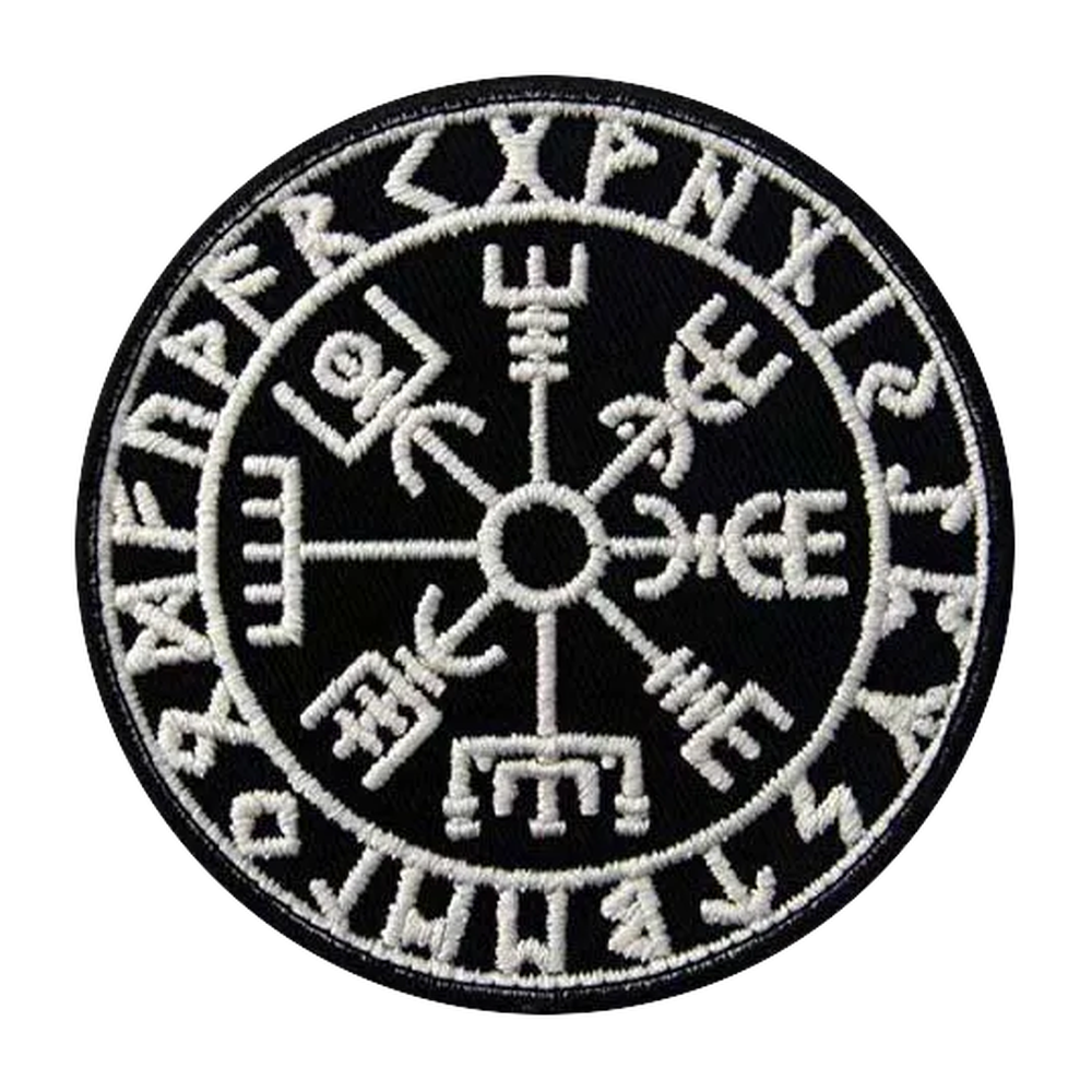 Écusson viking brodé, Vegvísir blanc cerclé de runes sur fond noir, 8 cm