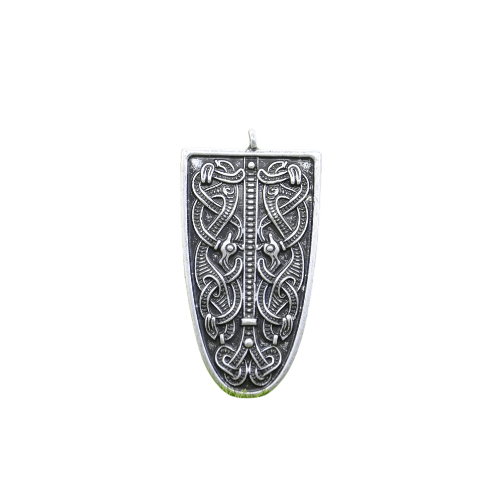 Fibule viking en écusson, alliage finition argent vieilli, entrelacs symétriques en relief