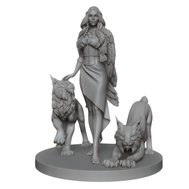 Figurine déesse Freya debout avec deux loups en résine non peinte échelle 1/24 vue de face