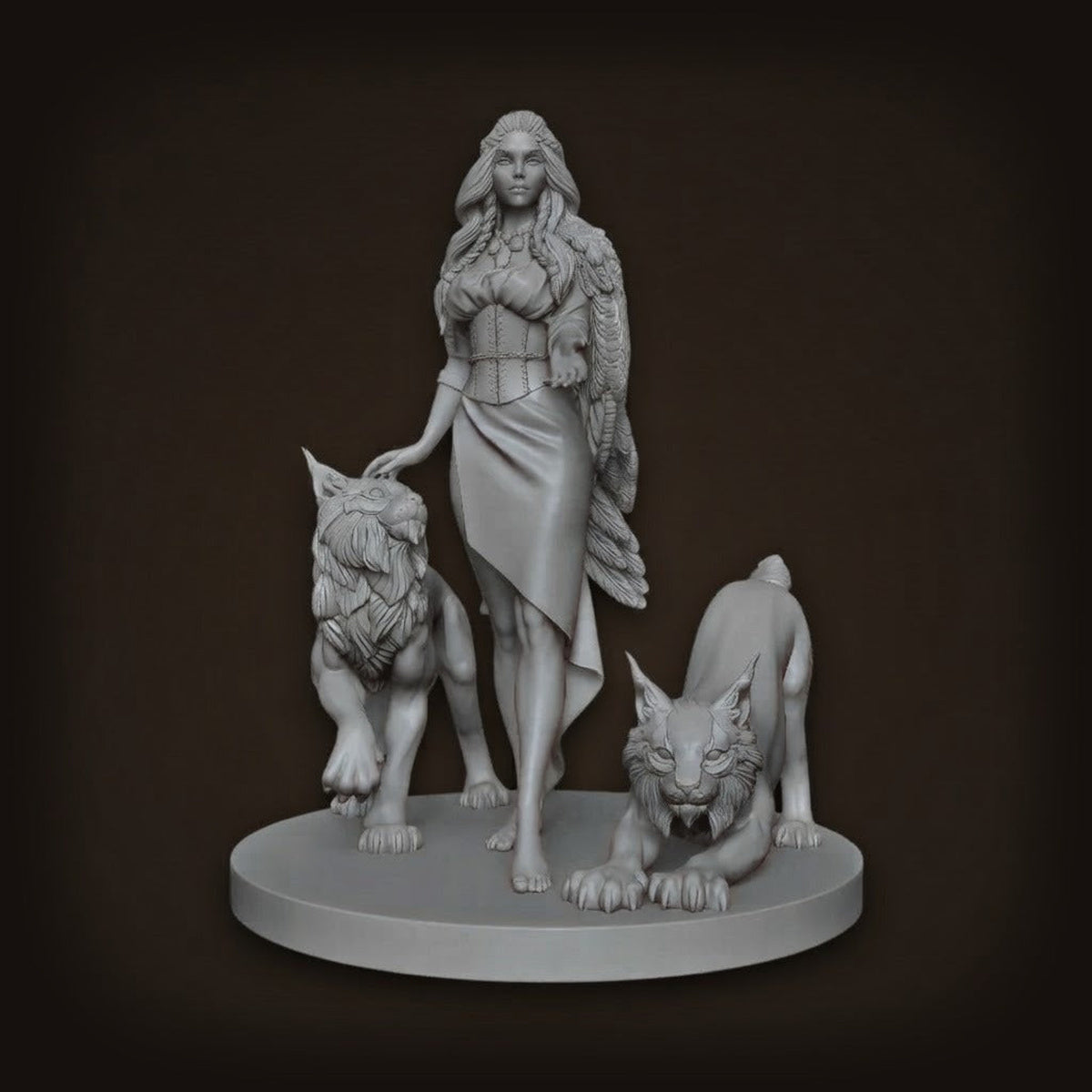 Figurine de la déesse Freya debout entre deux lynx, en résine non peinte, échelle 1/24, vue de face