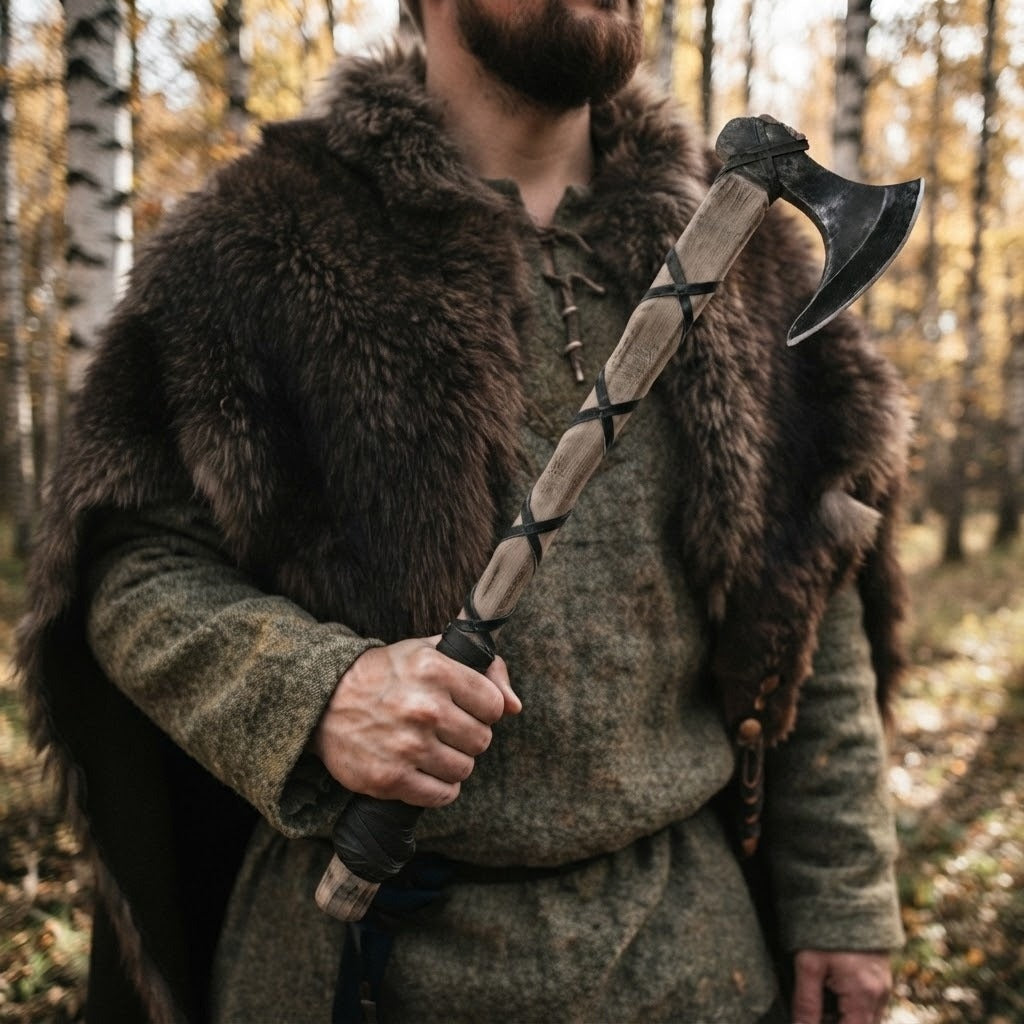 Hache viking barbue à manche long lacé de cuir, 63 cm, tenue en main devant la poitrine par un guerrier en cape de fourrure dans une forêt de bouleaux