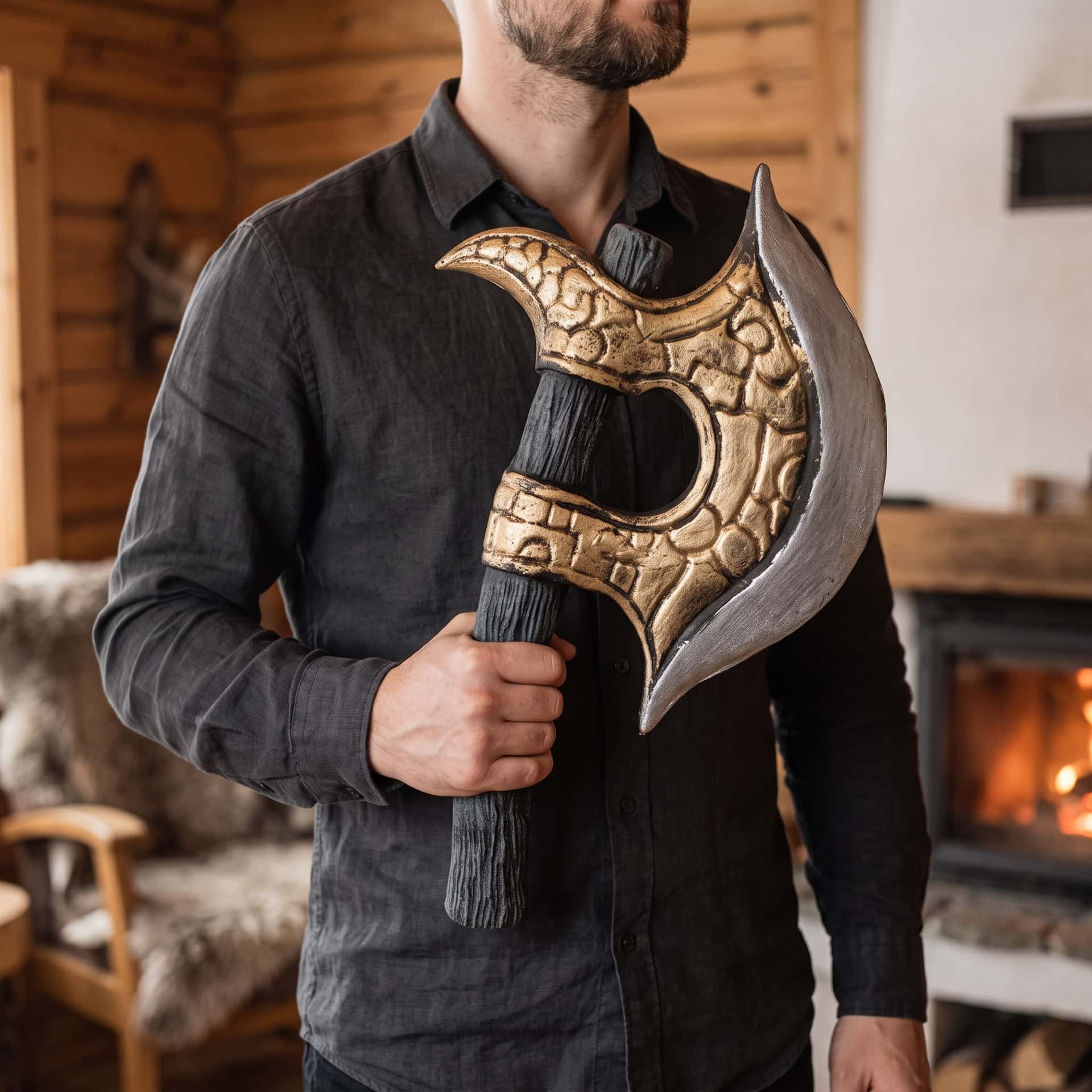 Hachette Viking Or et Argent : Format Court, 36 cm, réplique en mousse tenue en main devant une cheminée