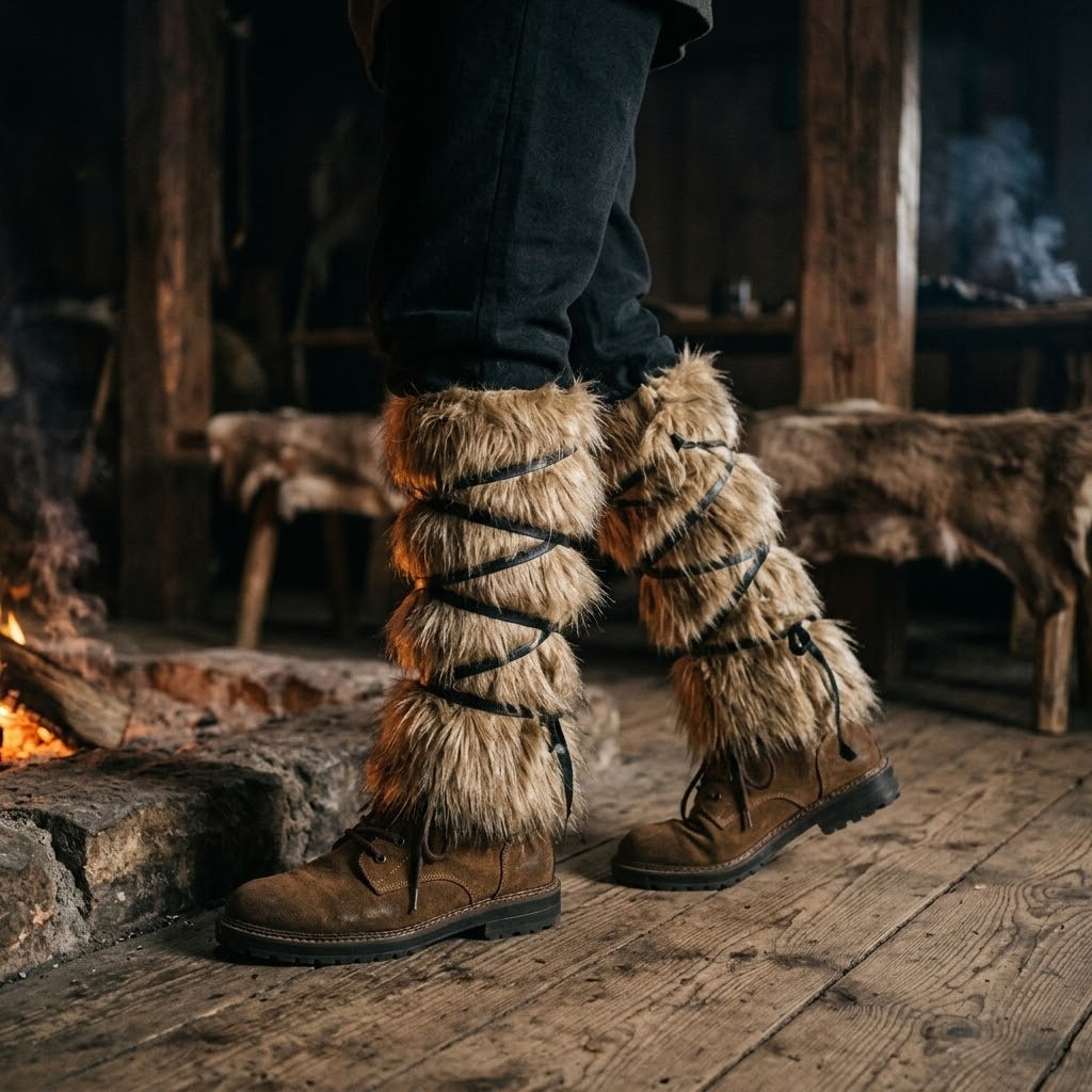 Jambières vikings en fausse fourrure nouées sur des bottes de cuir, près du foyer d’une maison longue