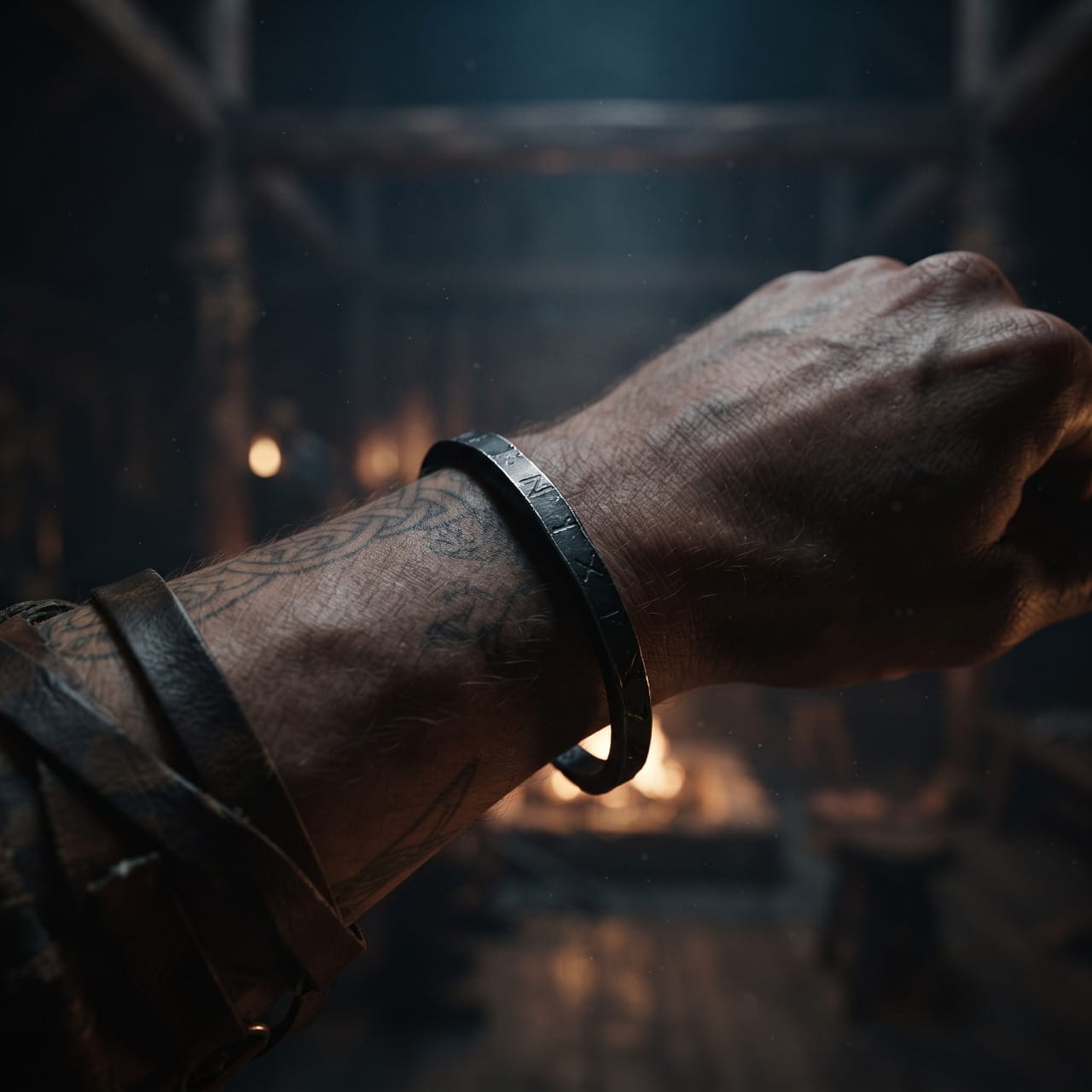Jonc viking ouvert en acier noir mat gravé de runes, porté au poignet dans la pénombre