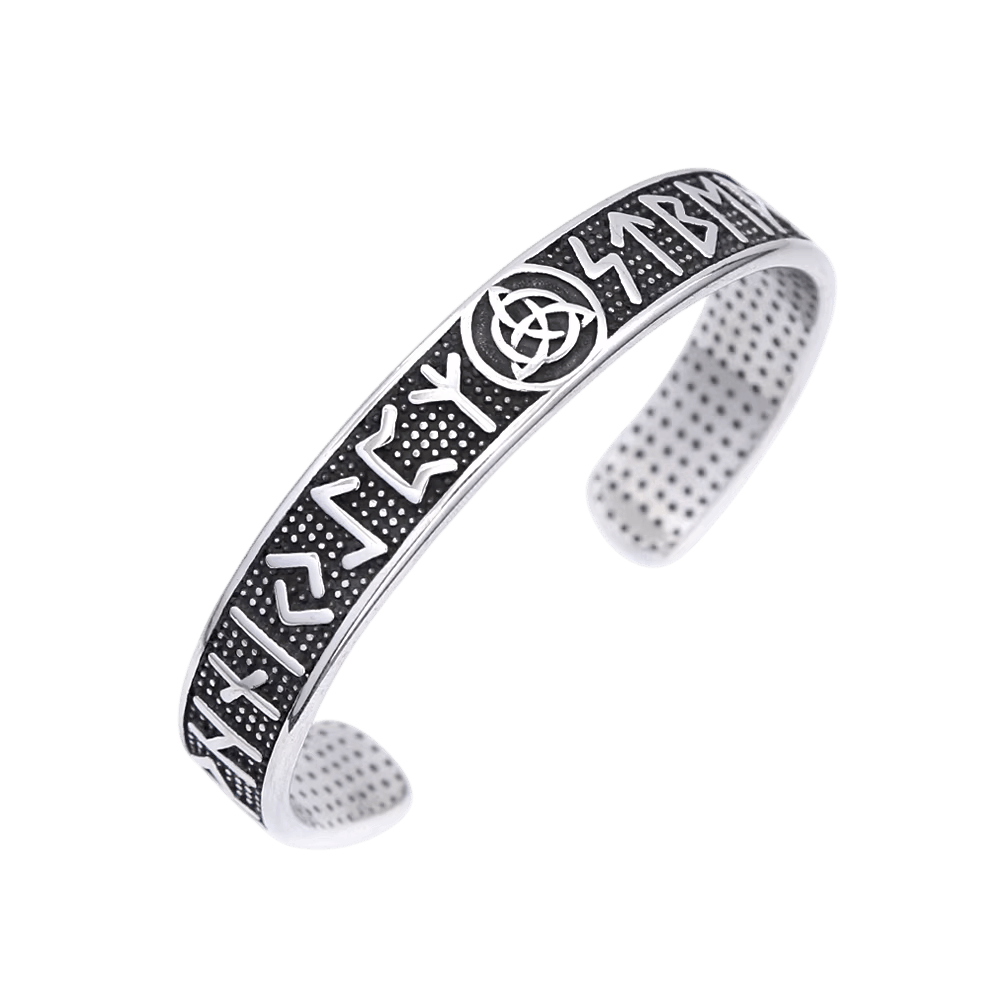 Jonc Viking Ouvert : Runes et Valknut Gravés, Acier, vue de détail sur fond blanc