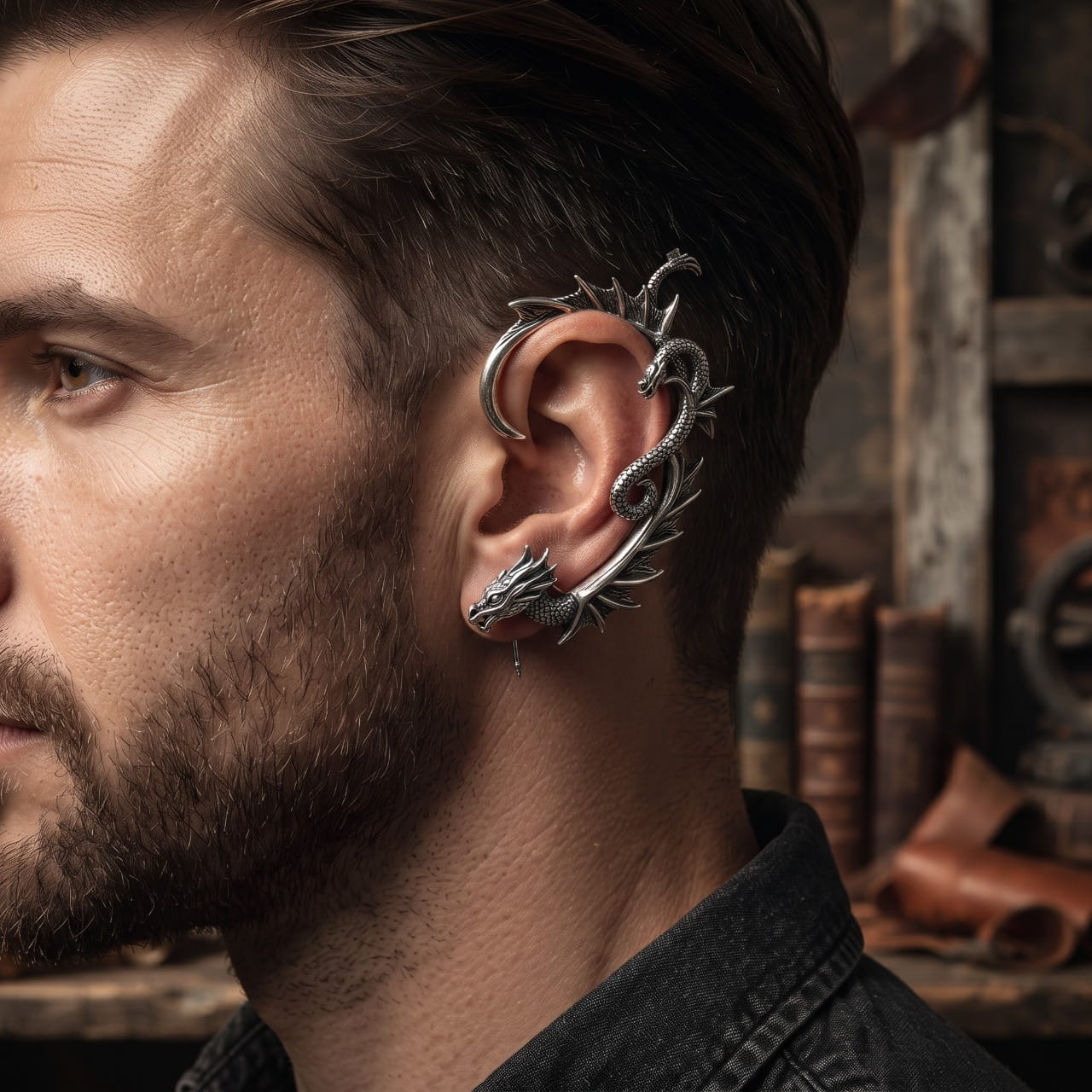 Manchette d'oreille dragon enroulé en acier portée sur le cartilage, sans perçage