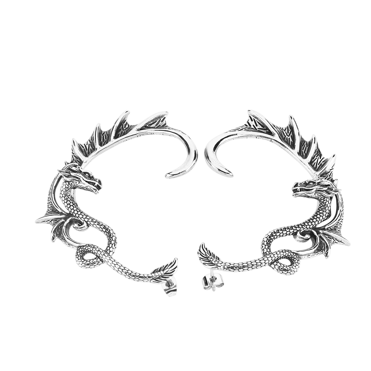 Manchette d'oreille dragon en acier inoxydable, ailes déployées et griffes sculptées