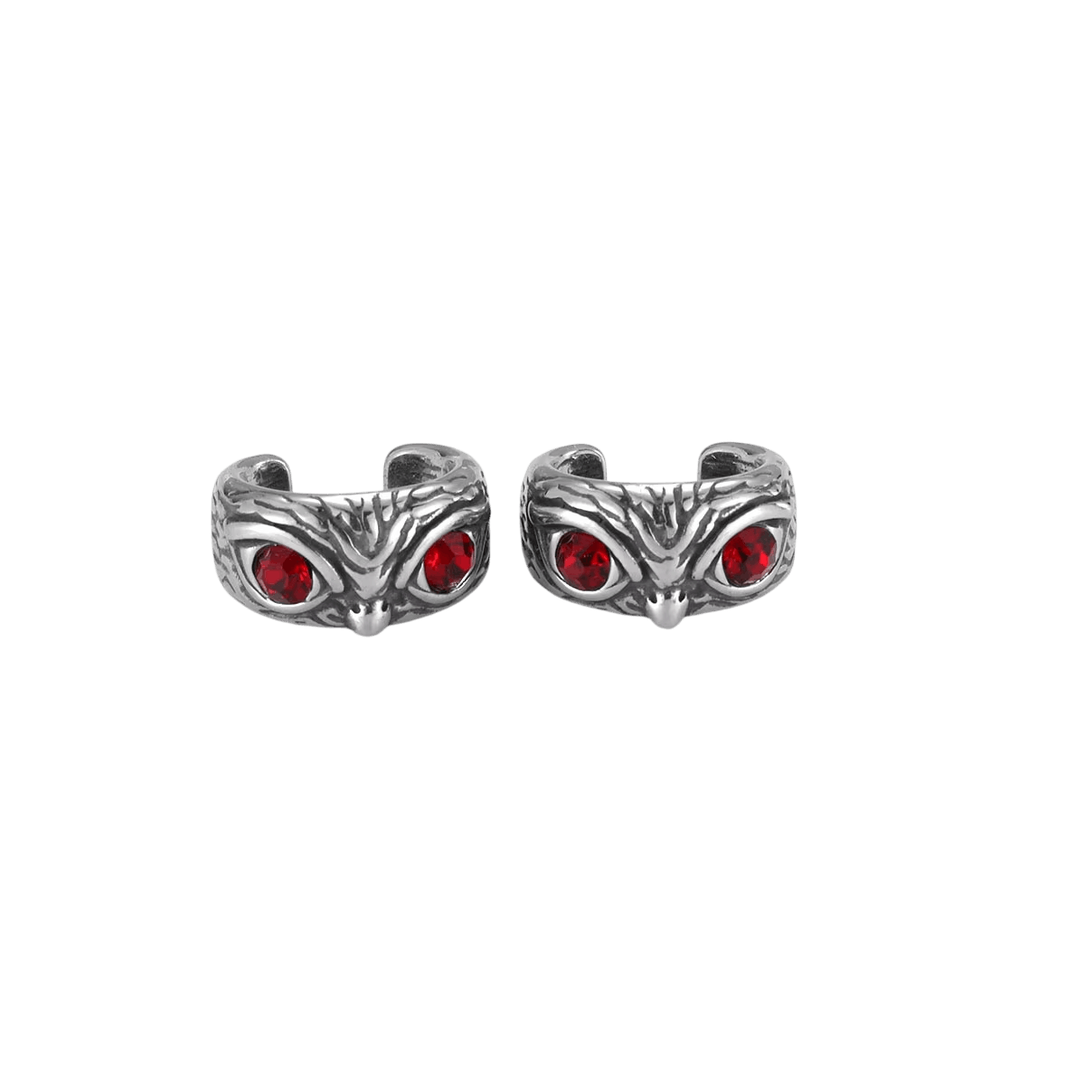 Manchettes d'oreille hibou en acier inoxydable, disque facial gravé et deux yeux de zircon rouge