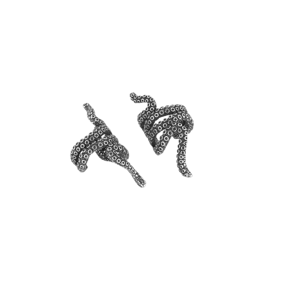 Manchettes d'oreille tentacule en acier patiné, bras replié en angle et ventouses creusées une à une