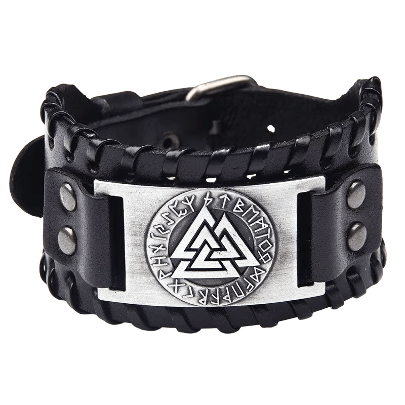 Manchette Viking en Cuir : Plaque Valknut et Runes, vue de détail sur fond blanc