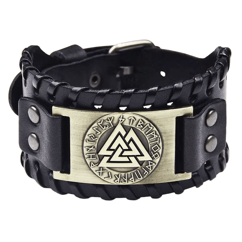 Manchette Viking en Cuir : Plaque Valknut et Runes, vue de détail sur fond blanc