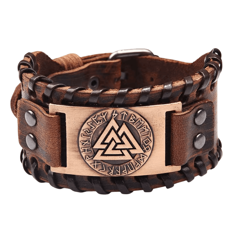 Manchette Viking en Cuir : Plaque Valknut et Runes, vue de détail sur fond blanc