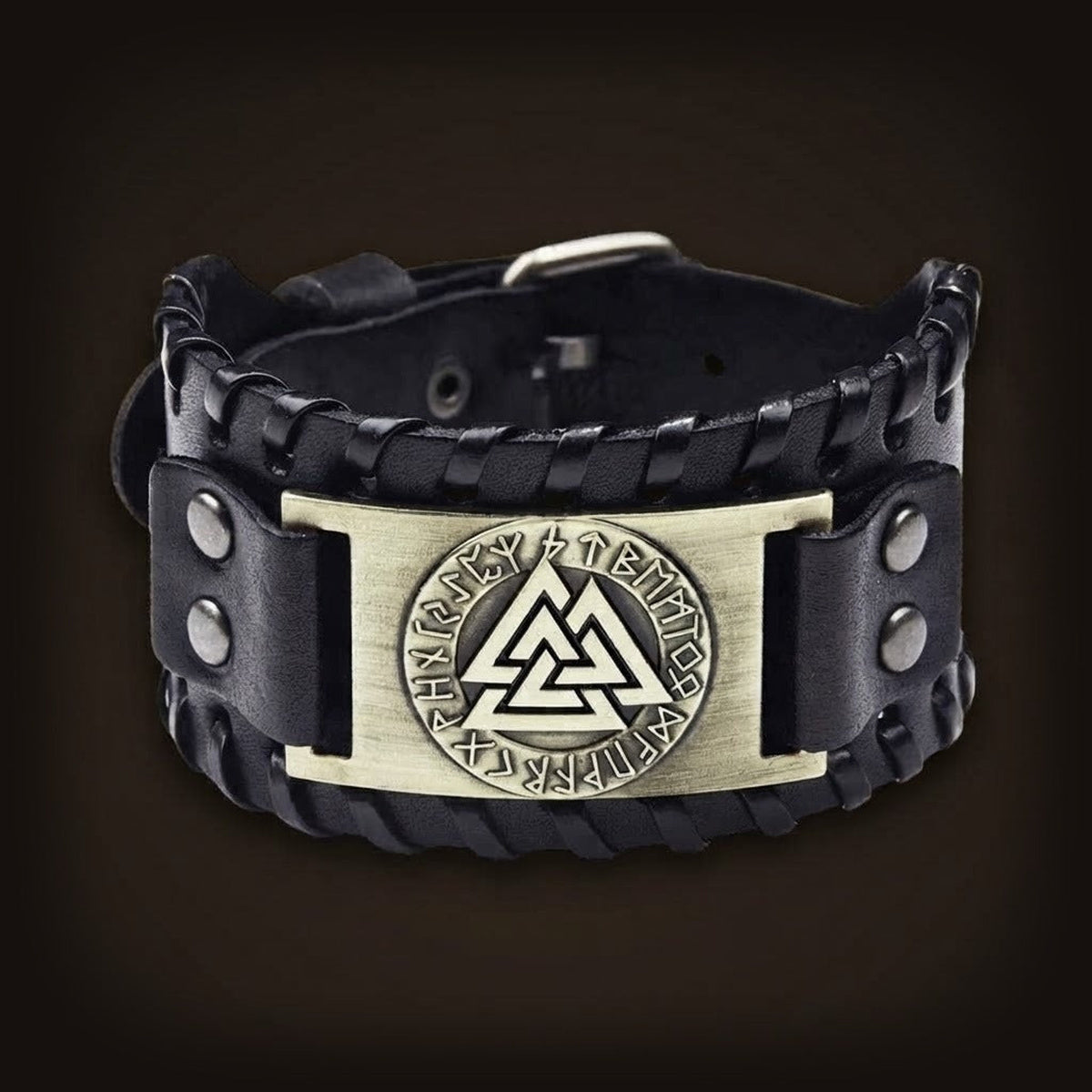 Manchette viking en cuir noir, plaque bronze au Valknut cerclé de runes