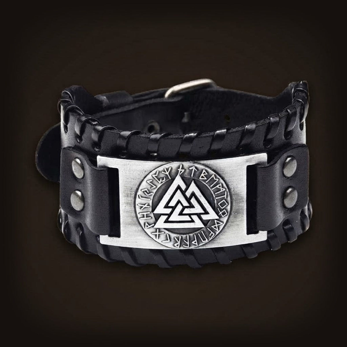 Manchette viking en cuir noir, plaque argentée au Valknut cerclé de runes