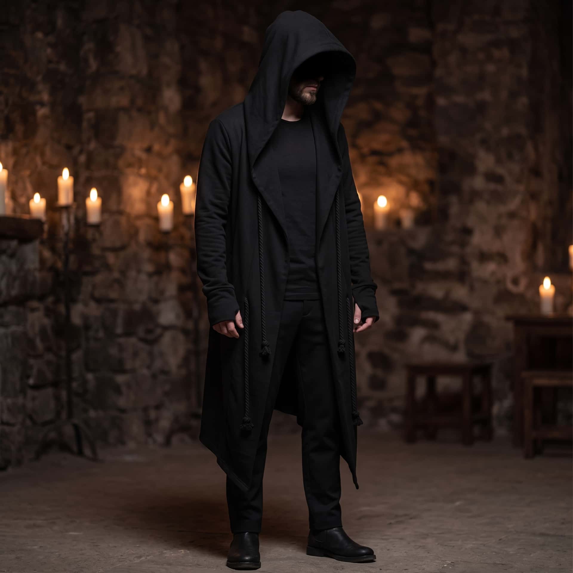 Manteau Long à Capuche Noir : Coton et Polyester, Coupe Ouverte, vue en situation