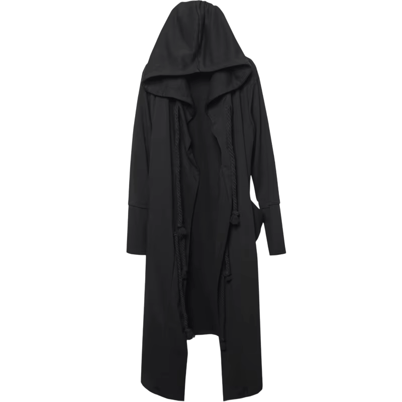 Manteau Long à Capuche Noir : Coton et Polyester, Coupe Ouverte, vue de face sur fond blanc