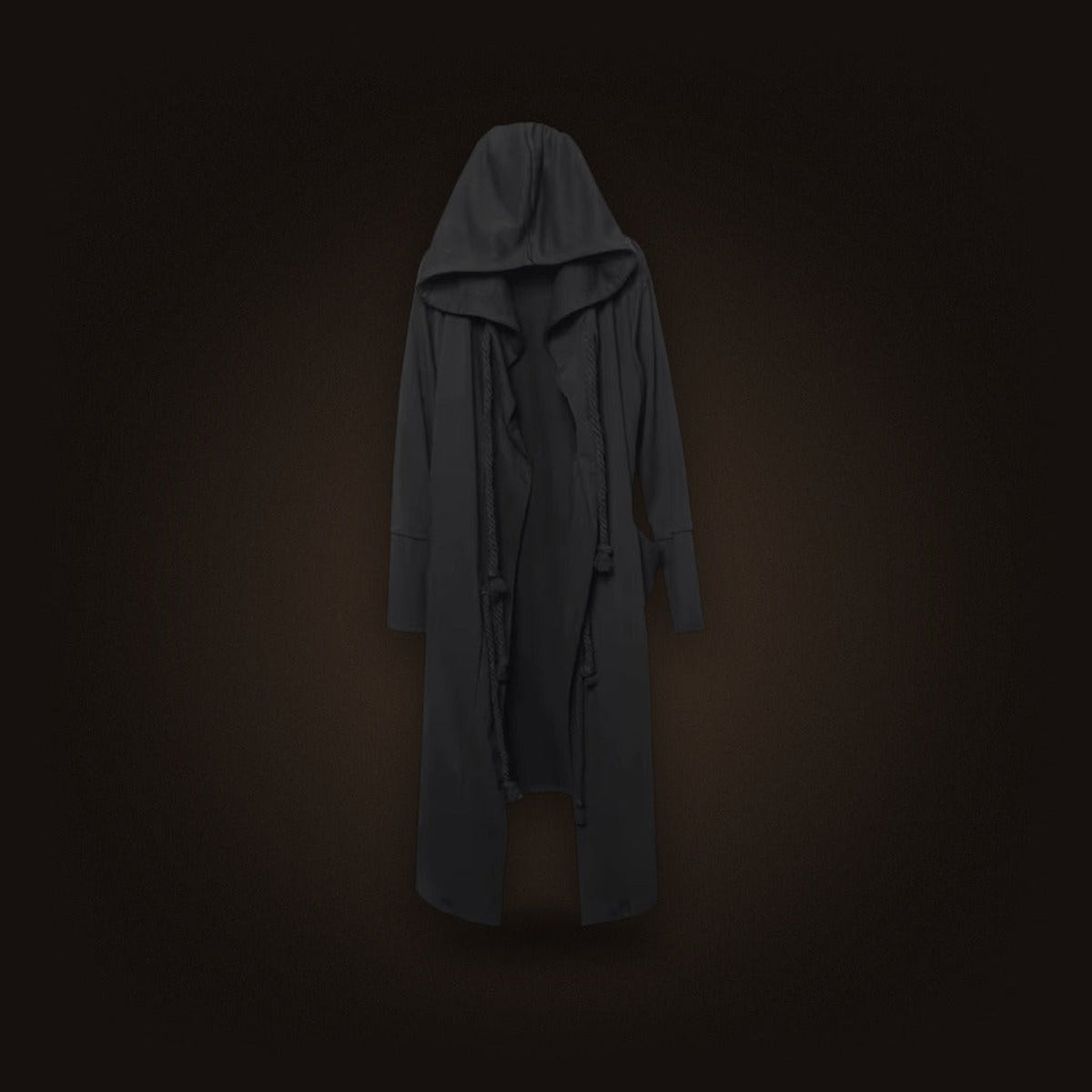 Manteau Long à Capuche Noir : Coton et Polyester, Coupe Ouverte, vue de face