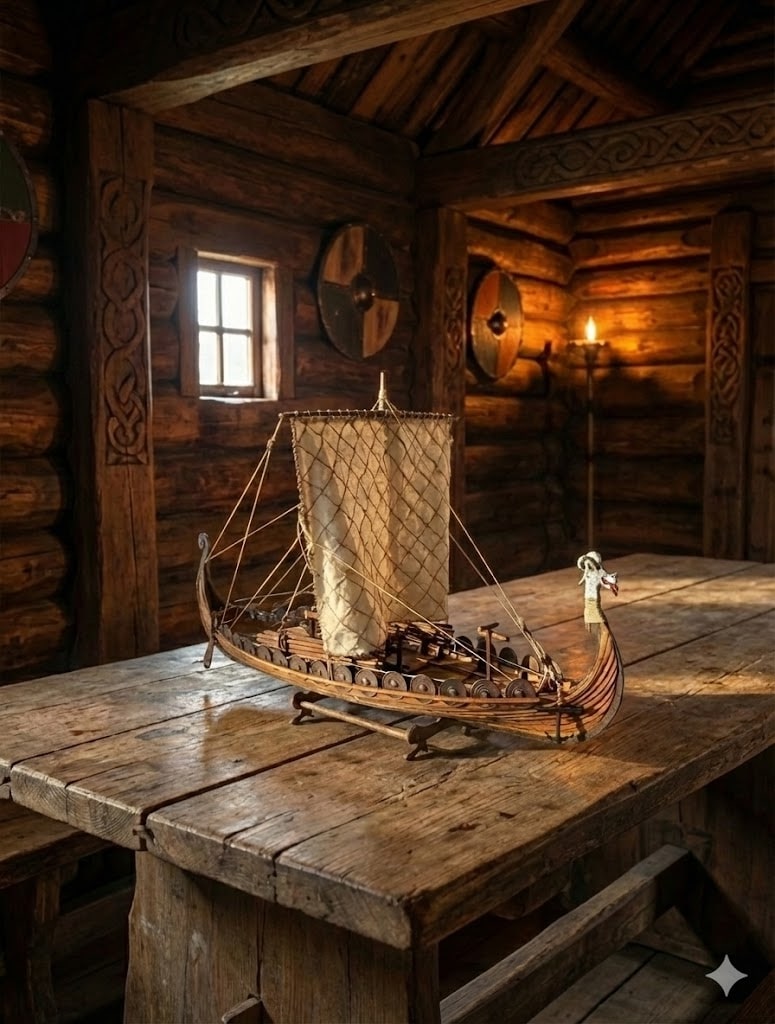 Maquette de drakkar viking en bois posée sur une table massive dans un intérieur rustique scandinave, idéale pour une décoration viking authentique.