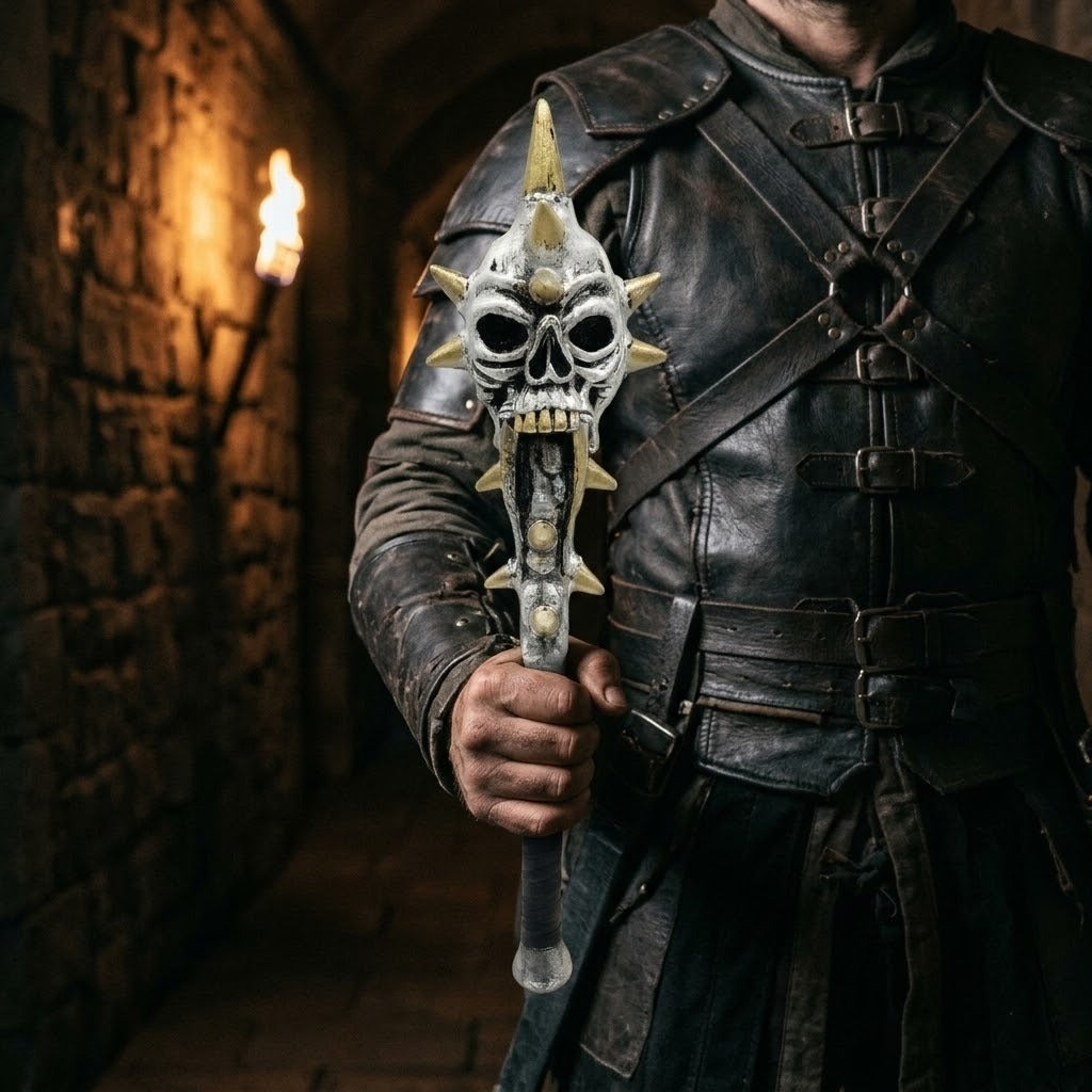 Masse d'armes à tête de crâne argent et pointes dorées en mousse PU, 60 cm, tenue en main par un guerrier en armure de cuir dans un couloir de château