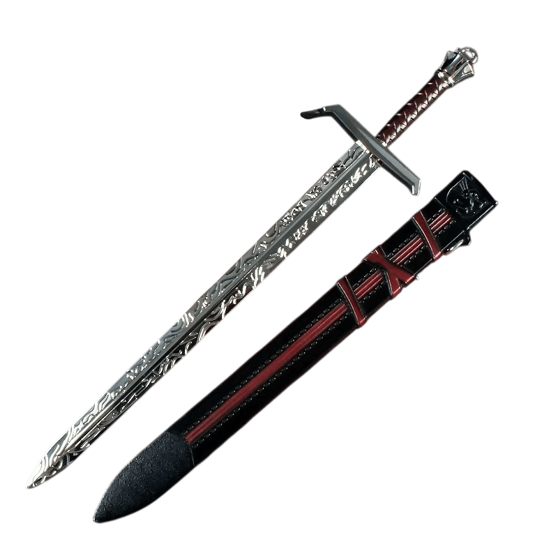 Miniature Épée Médiévale à Fourreau : Croix Rouge, 30 cm, vue de détail sur fond blanc