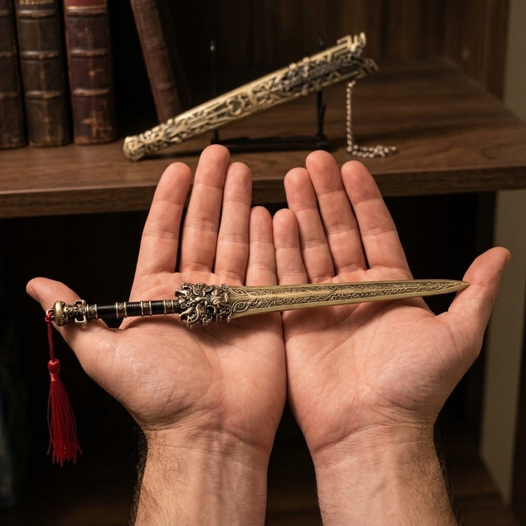 Miniature de jian chinois à garde tête de dragon et gland rouge, 30 cm, posée en travers des paumes, fourreau sur son socle