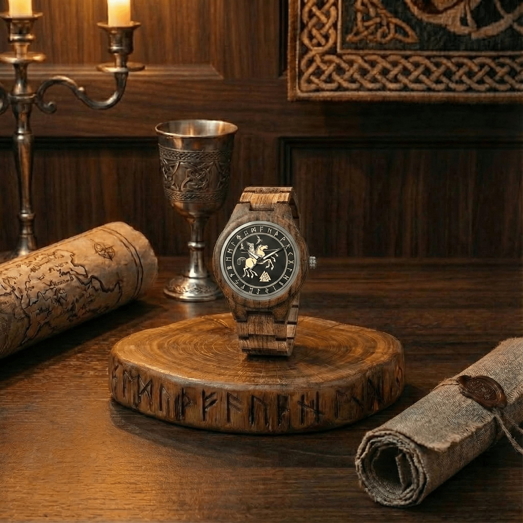 Montre viking en bois foncé avec cadran Odin sur Sleipnir, posée sur un socle en bois runique dans un décor viking comprenant un parchemin roulé, un sceau de cire et un calice en métal.